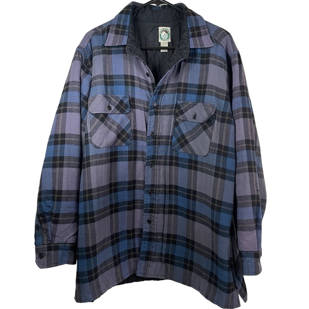 Vtg Mens XL Quilted Flannel Shirt Jacket Blue Purple Plaid Shacket Winter Hippie